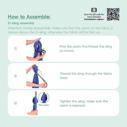 Step-by-step O-sling assembly instructions with hands threading blue sensory sling fabric.