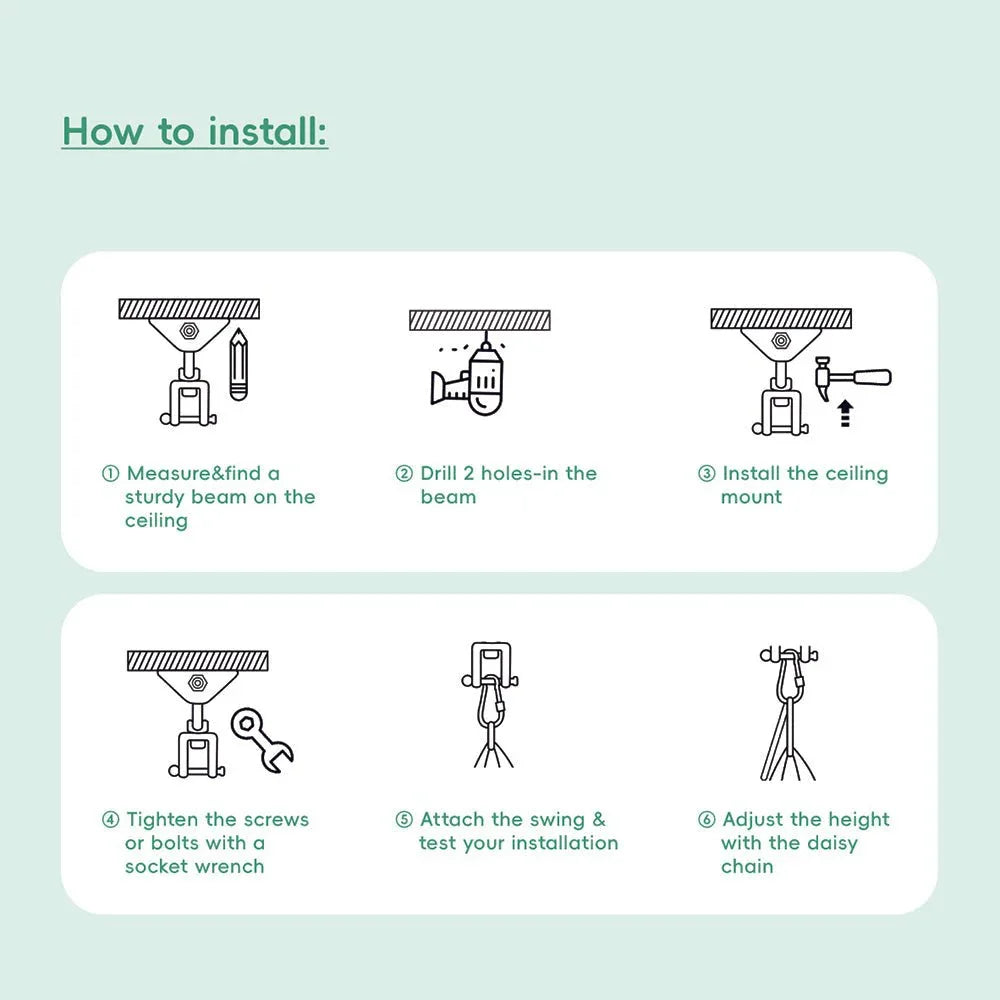 Step-by-step ceiling swing installation guide with tools and hardware illustrations.