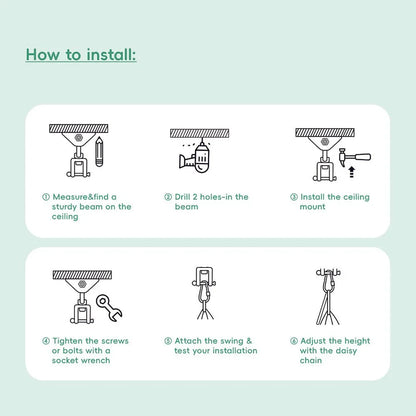 Step-by-step ceiling swing installation guide with tools and hardware illustrations.