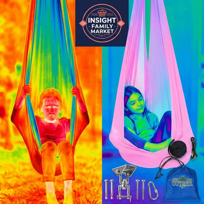 Thermal and color images of children using a sensory swing indoors and outdoors, with swing installation kit visible.