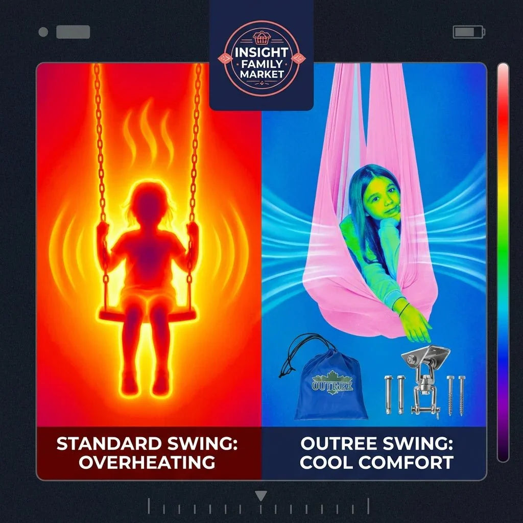 Thermal comparison of child on standard swing overheating vs child on sensory Outree swing with cool comfort.