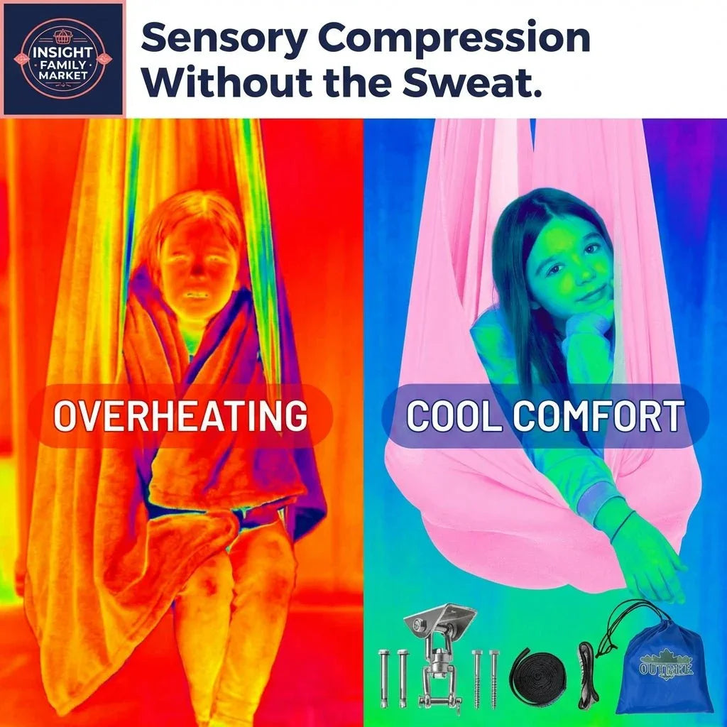 Thermal image showing sensory swing comparison: overheating vs cool comfort, with hardware kit.