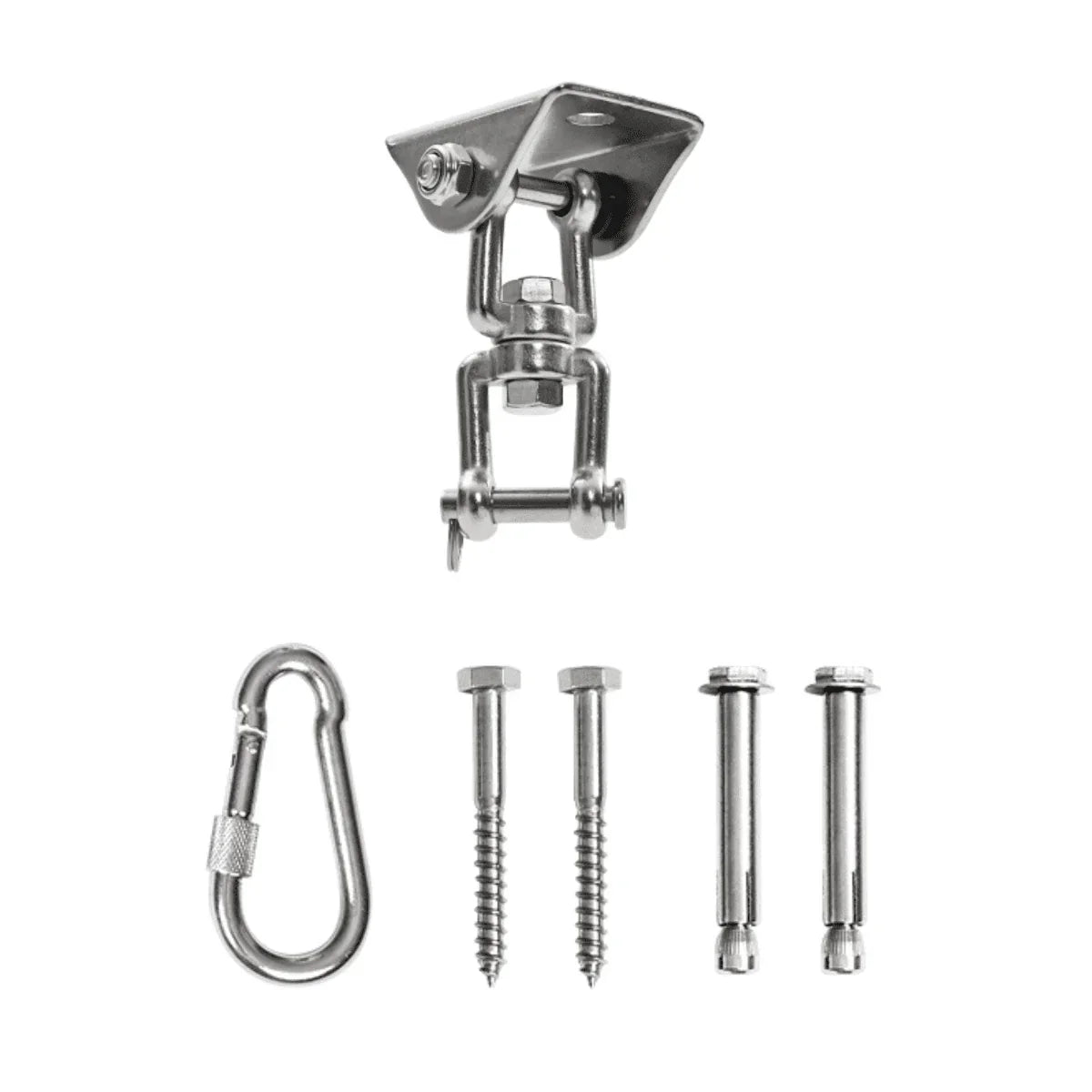 Metal swing hanger kit with mounting plate, screws, bolts, and carabiner for sensory swings.
