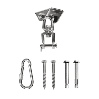 Metal swing hanger kit with mounting plate, screws, bolts, and carabiner for sensory swings.