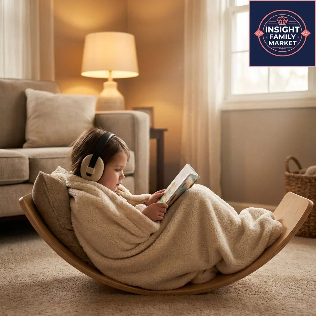 Child in sensory-friendly blanket and headphones reading in cozy living room for sensory support