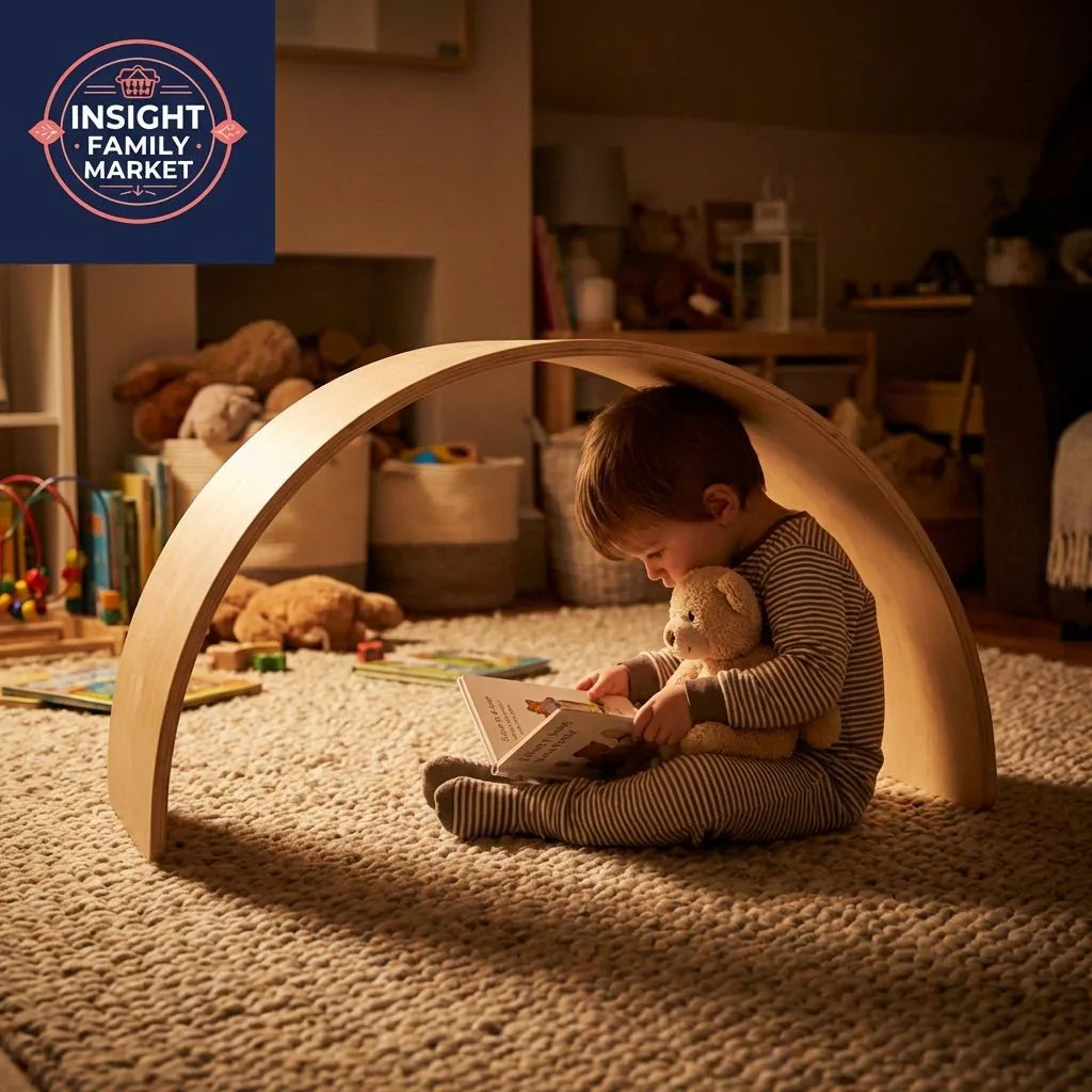 Child reading under wooden arch in cozy sensory-friendly playroom with toys and soft lighting