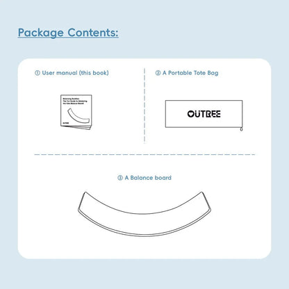 Package includes user manual, tote bag, and curved wooden balance board for kids