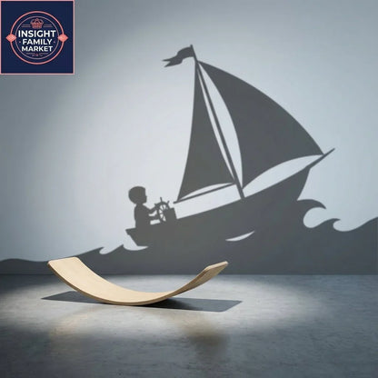 Wooden sensory balance board casting shadow of child sailing boat, imaginative play setting