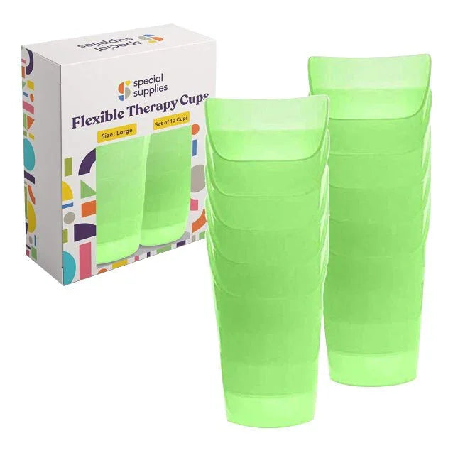 Set of green flexible therapy drinking cups for sensory support, with product packaging