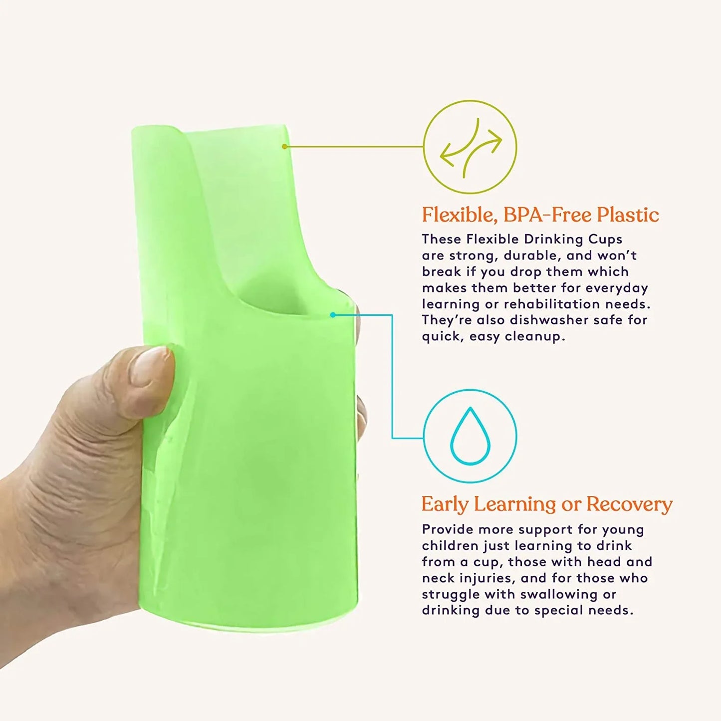 Hand holding flexible green adaptive drinking cup for special needs, with benefits listed.