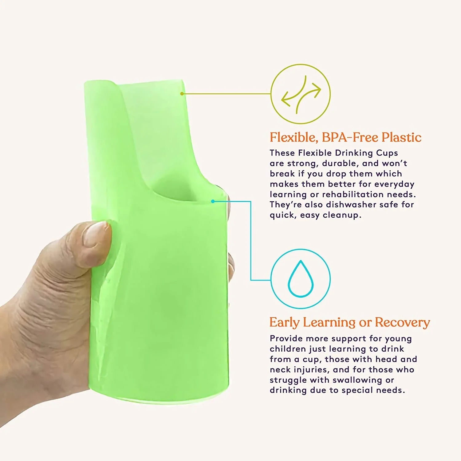 Hand holding flexible green adaptive drinking cup for special needs, with benefits listed.