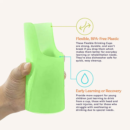 Hand holding flexible green adaptive drinking cup for special needs, with benefits listed.
