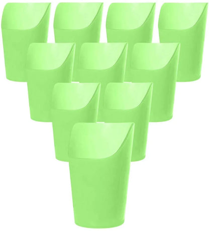 Set of ten green flexible sensory drinking cups for special needs, arranged in rows