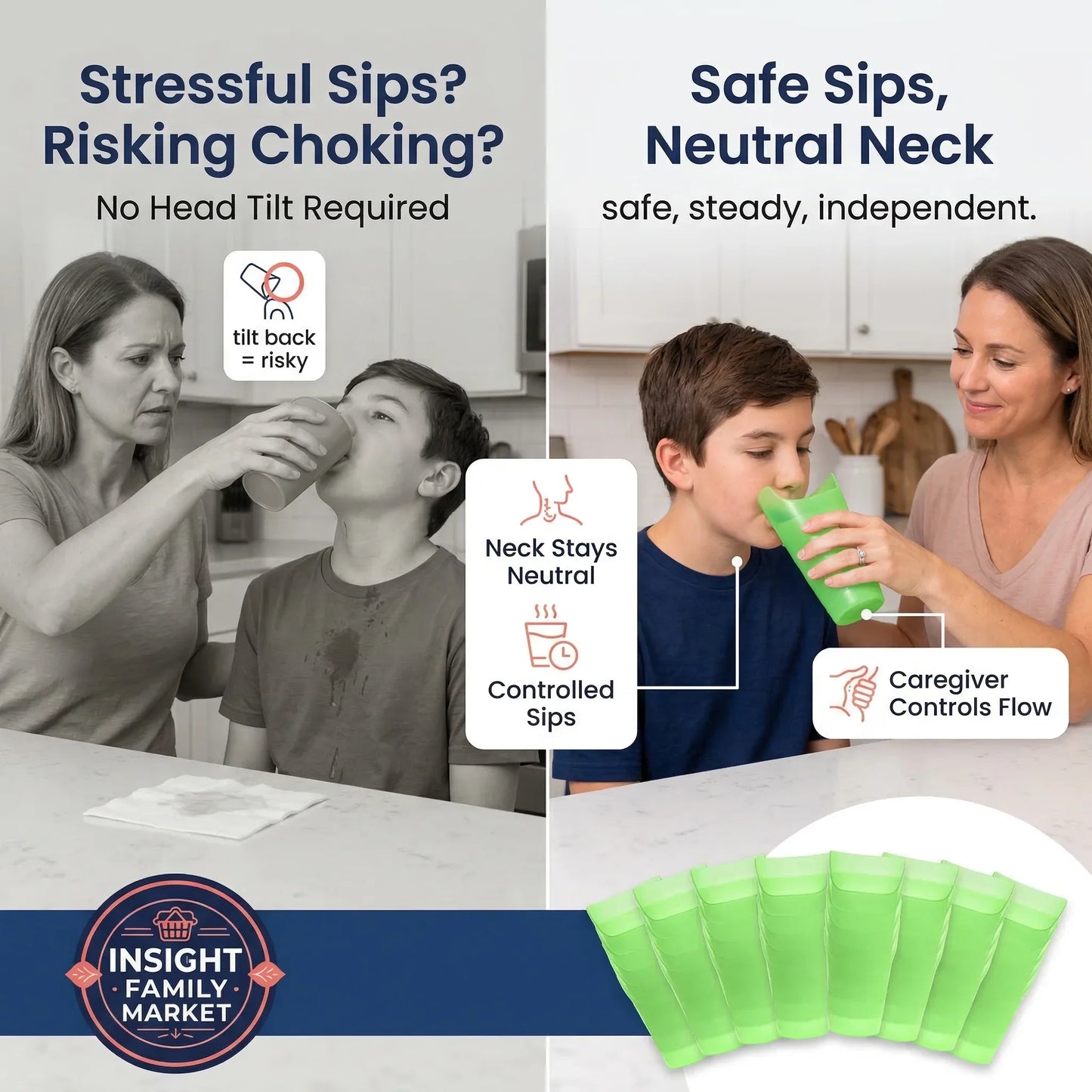 Product advertisement showing a woman and child with a drinking device, highlighting safety features.