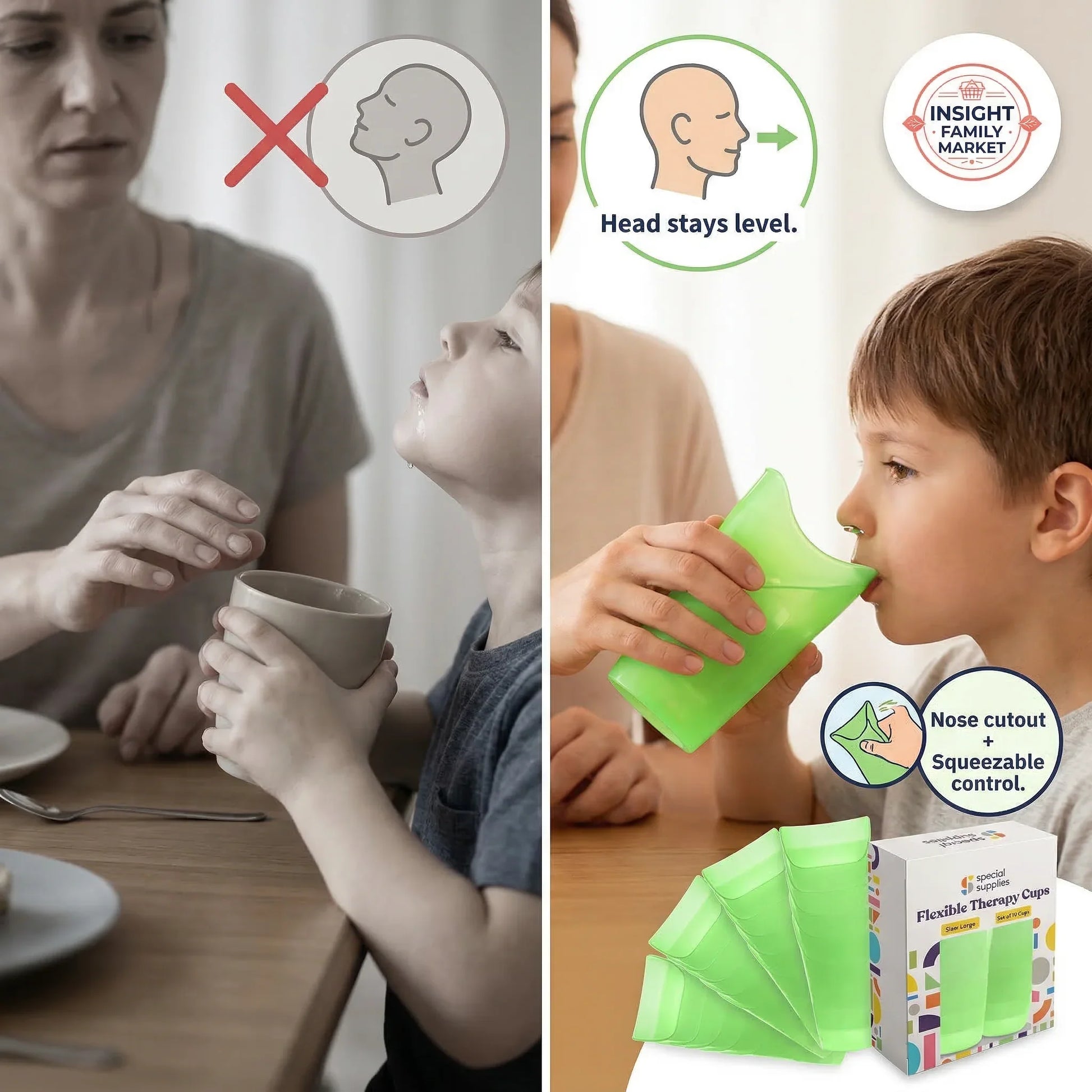 Two images showing a child using a green cup with a nose cutout and a box labeled 'Insight Family Market'.