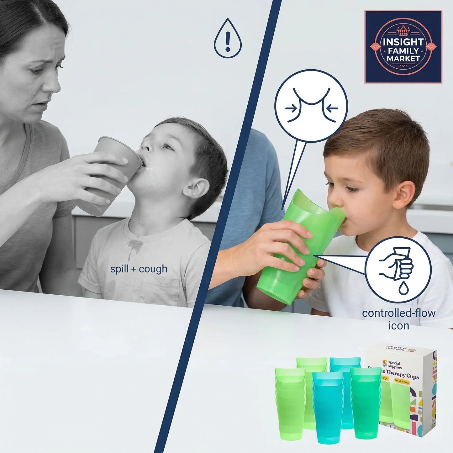 Split image showing a child drinking from a green cup with product packaging and icons in the background.