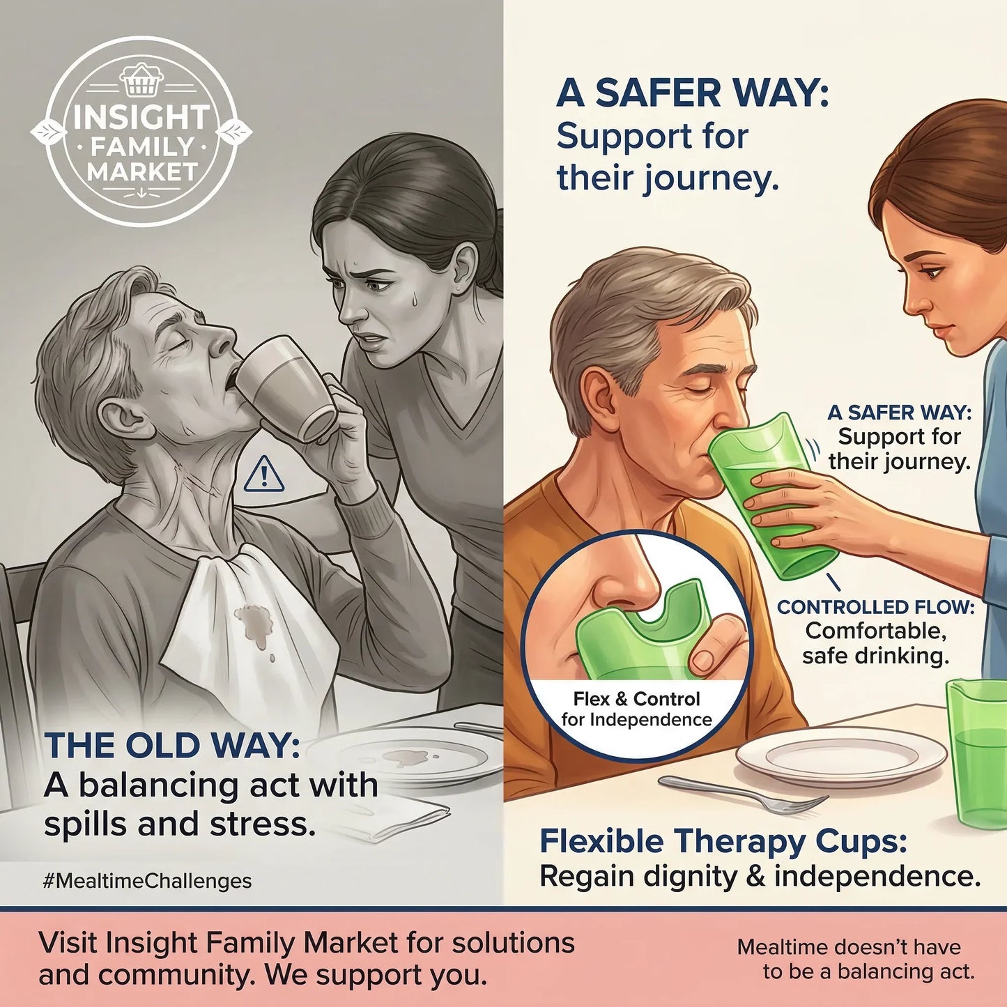 Illustration showing a person using a traditional cup and a flexible therapy cup with text about dignity and independence.