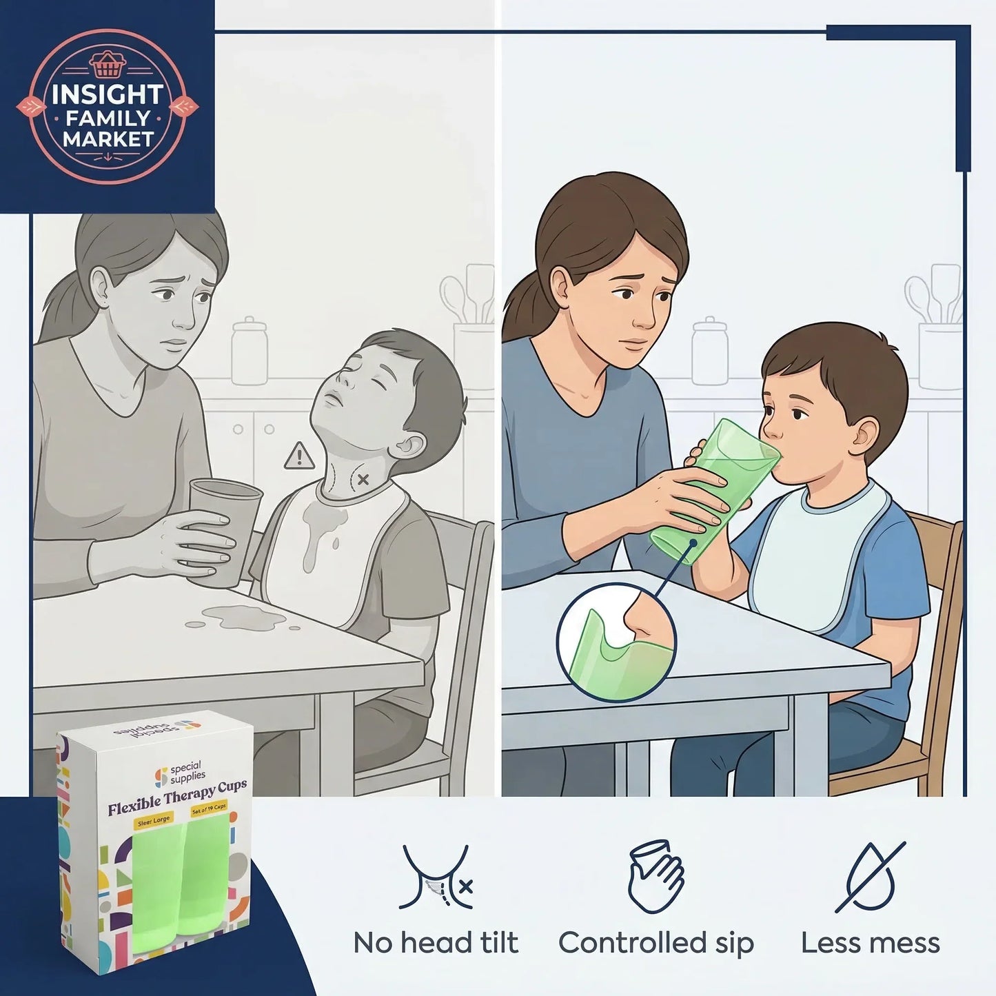 Illustration of a woman helping a child with a flexible therapy cup, showing benefits like no head tilt and less mess.