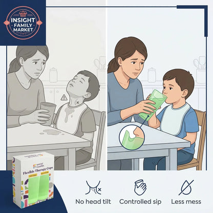 Illustration of a woman helping a child with a flexible therapy cup, showing benefits like no head tilt and less mess.