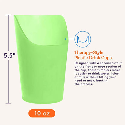 Green therapy-style plastic drinking cup with nose cutout, 5.5 inches tall, 10 oz capacity.