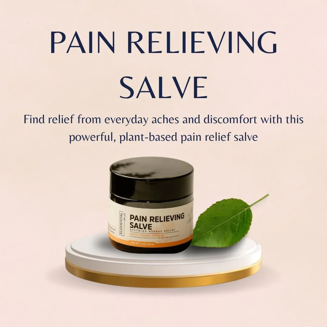 Pain relieving salve jar with leaf on display stand, plant-based pain relief product
