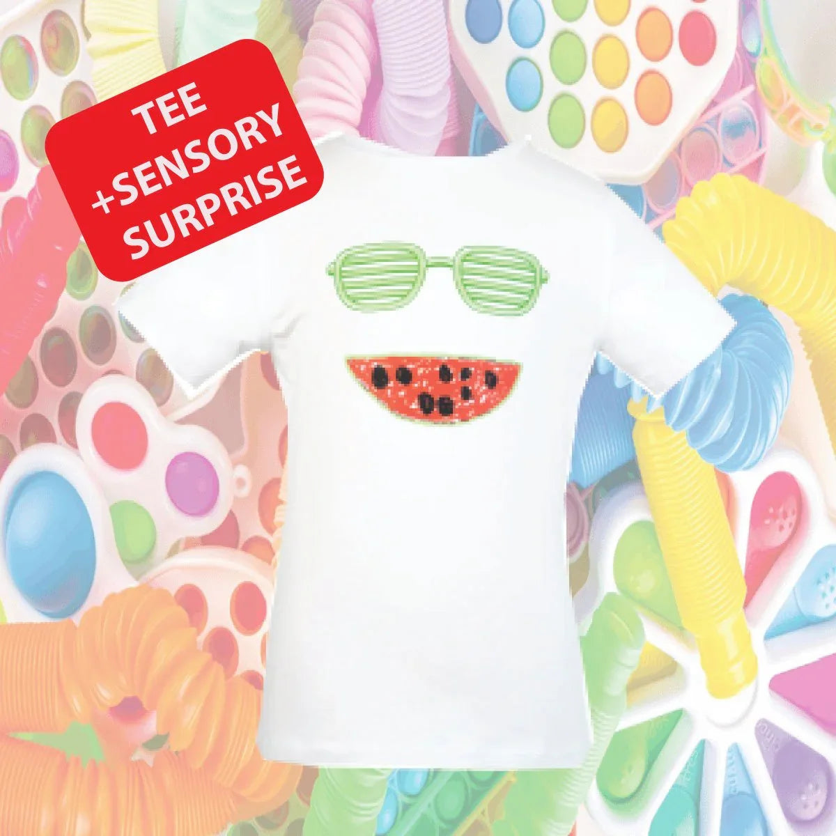 Kids' white sensory-friendly t-shirt with watermelon smile and sunglasses, pop it toys background