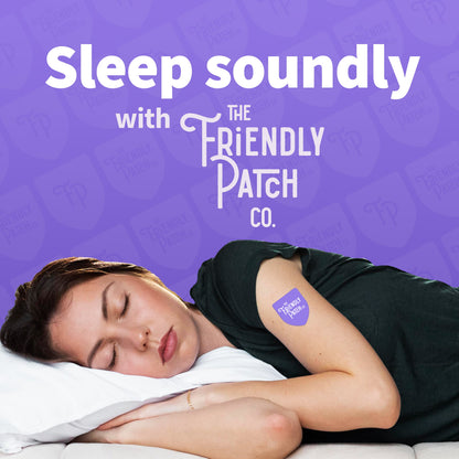 Person lying down with a patch on their arm, promotional image for 'The Friendly Patch Co.'