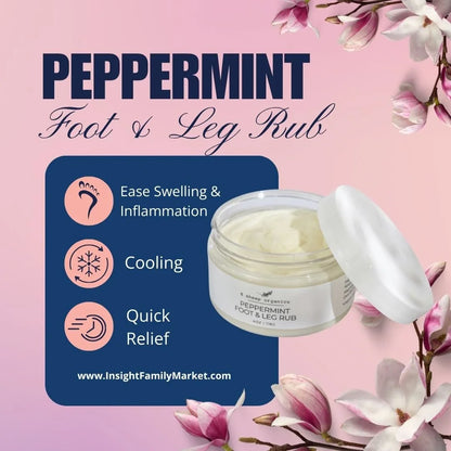 Peppermint foot and leg rub cream jar on pink background with magnolia flowers and benefit icons.
