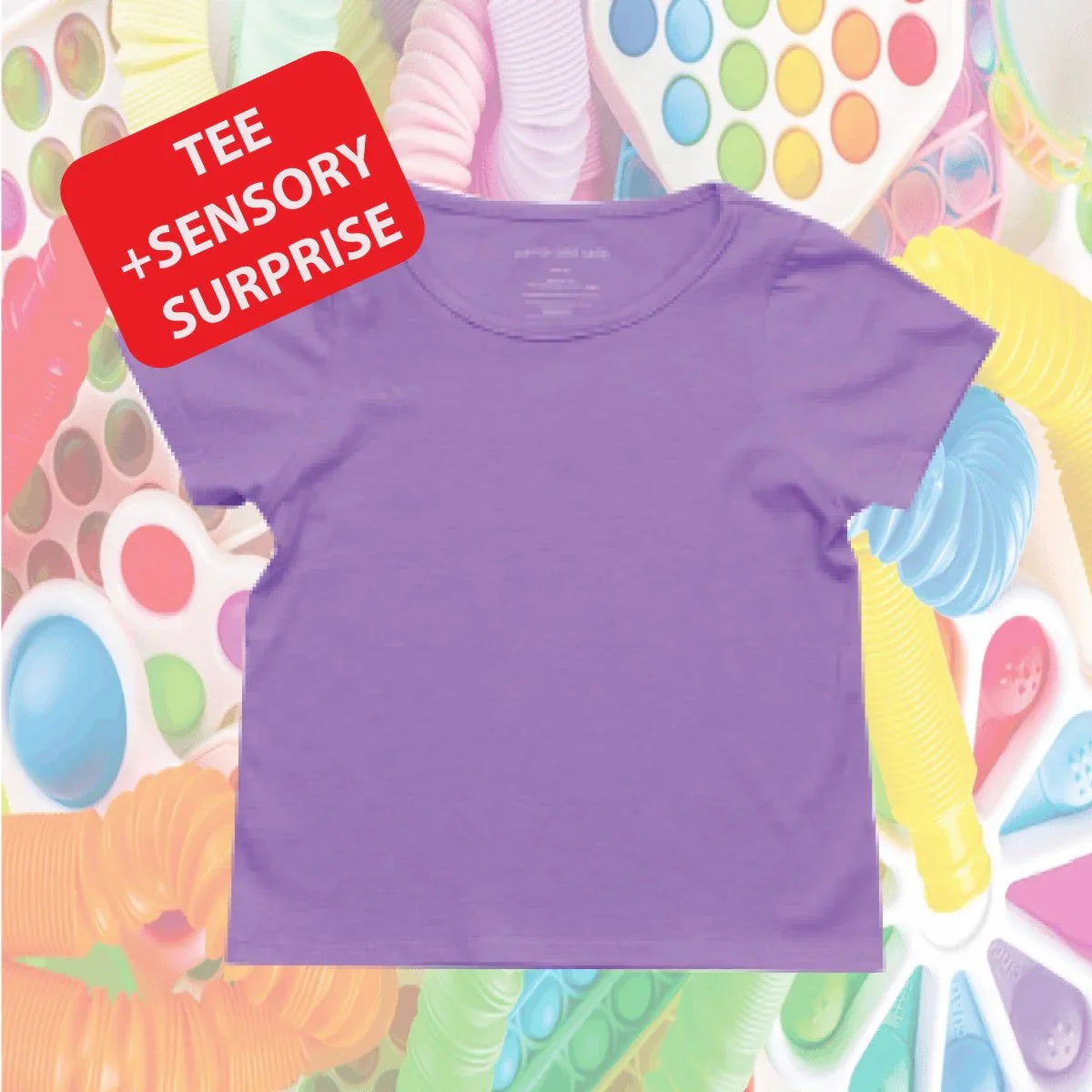 Purple sensory-friendly t-shirt with tee and sensory surprise offer, colorful fidget toys background