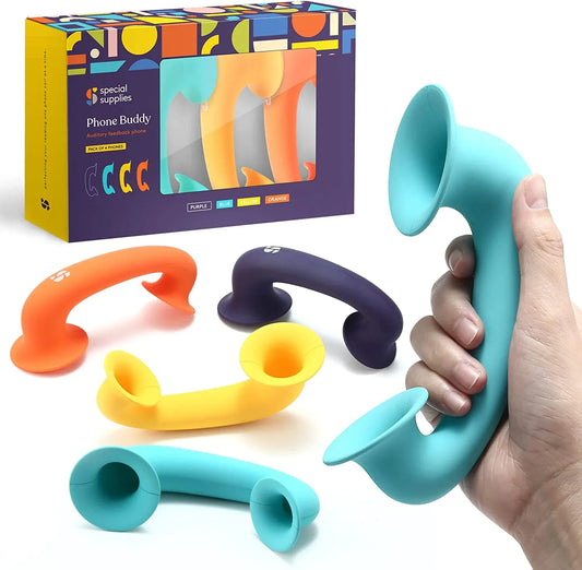 Colorful auditory feedback phones for kids, sensory learning tools in hand and on display.