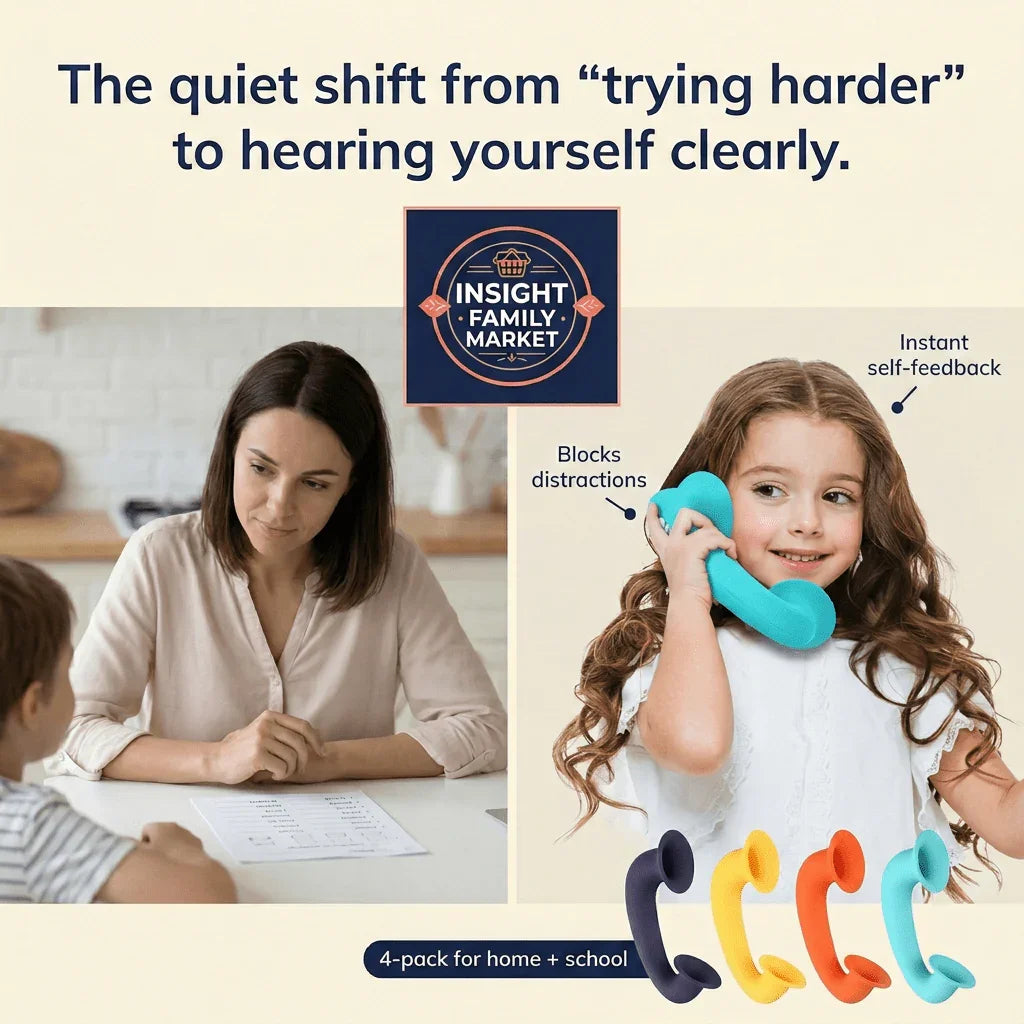 Child using colorful auditory feedback tool to improve focus and learning, adult offers support.