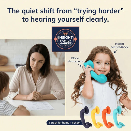 Child using colorful auditory feedback tool to improve focus and learning, adult offers support.