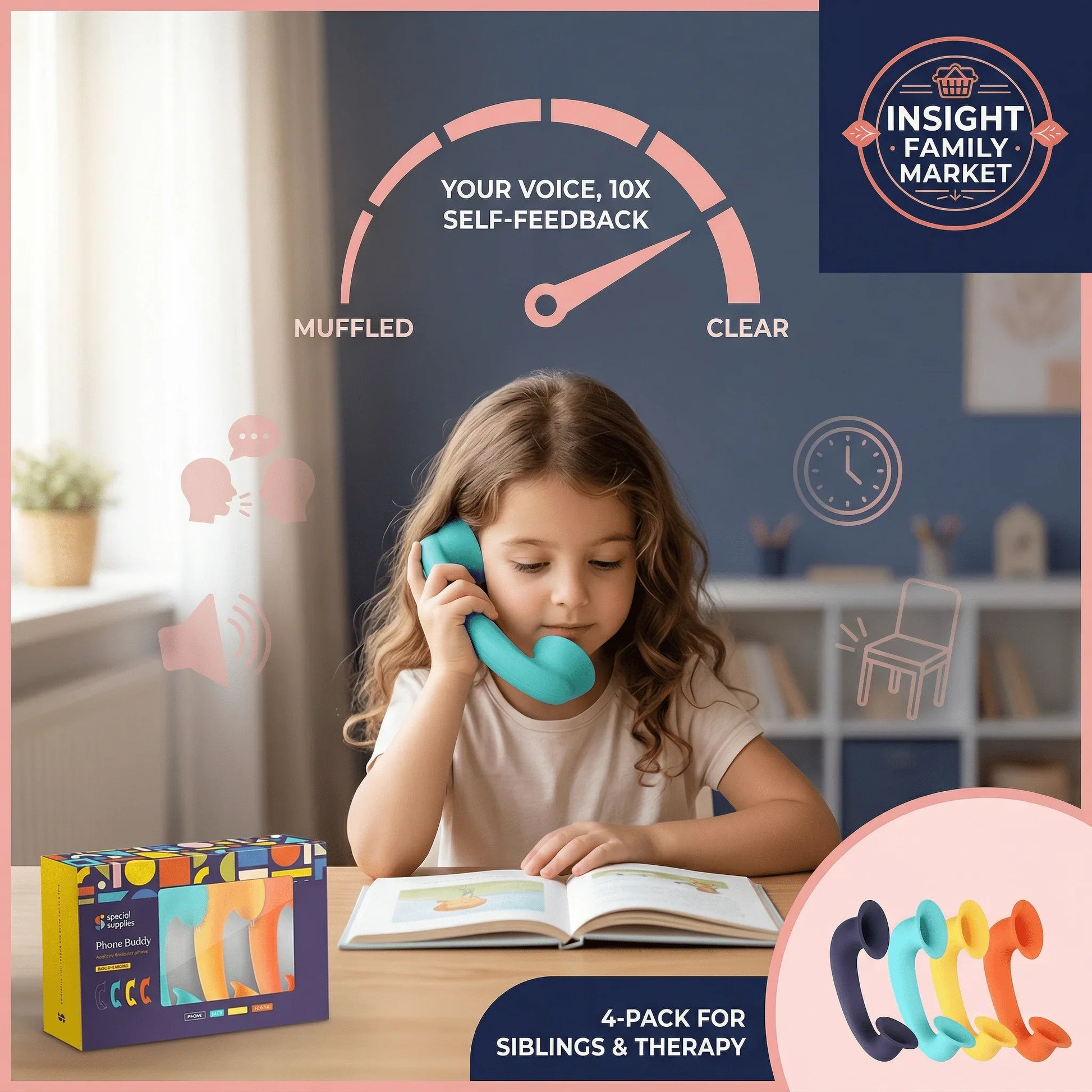 Child using turquoise auditory feedback phone while reading, sensory learning tool 4-pack shown