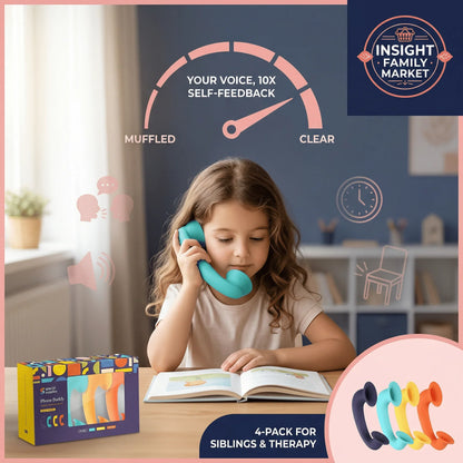 Child using turquoise auditory feedback phone while reading, sensory learning tool 4-pack shown