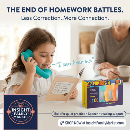 Child using a teal speech phone buddy for reading practice with parent, promoting speech and reading support tools.