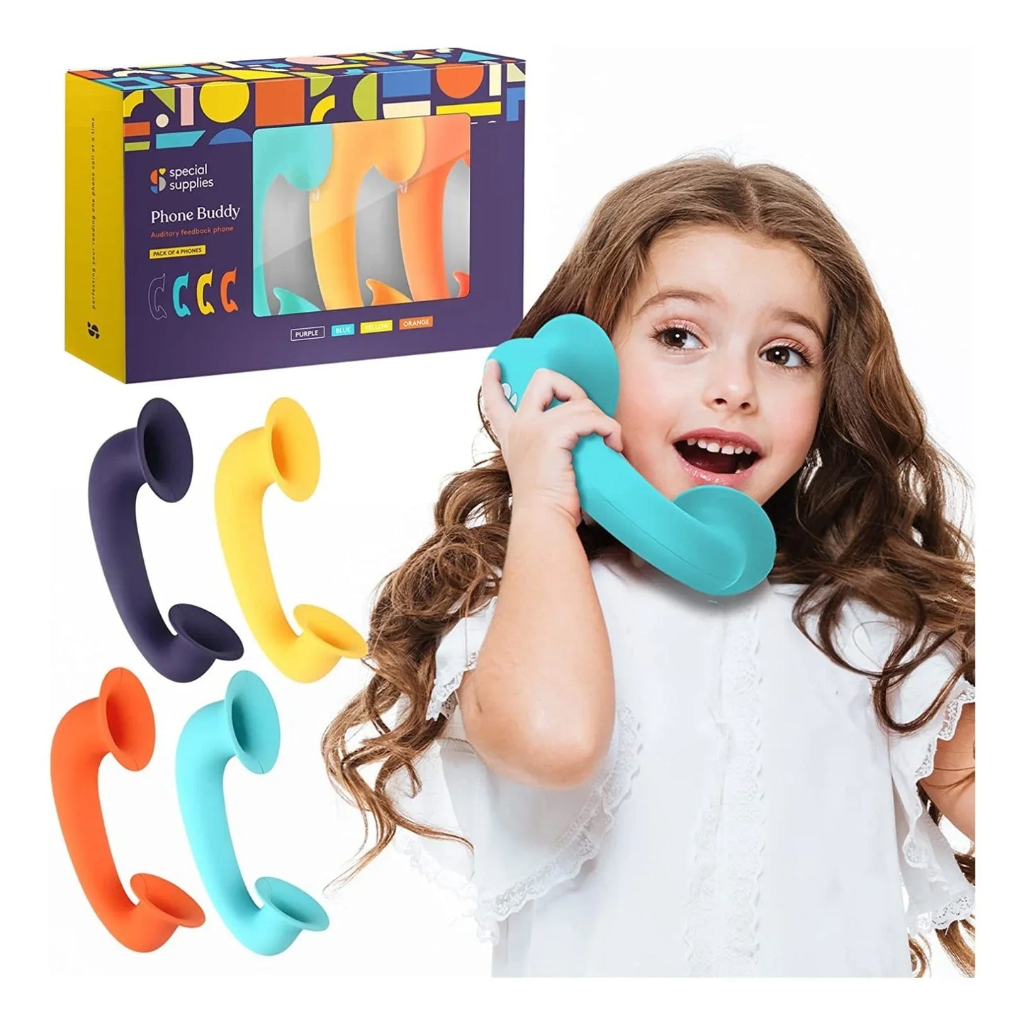Child using colorful sensory auditory feedback phone tools, packaging and four phone buddies shown.
