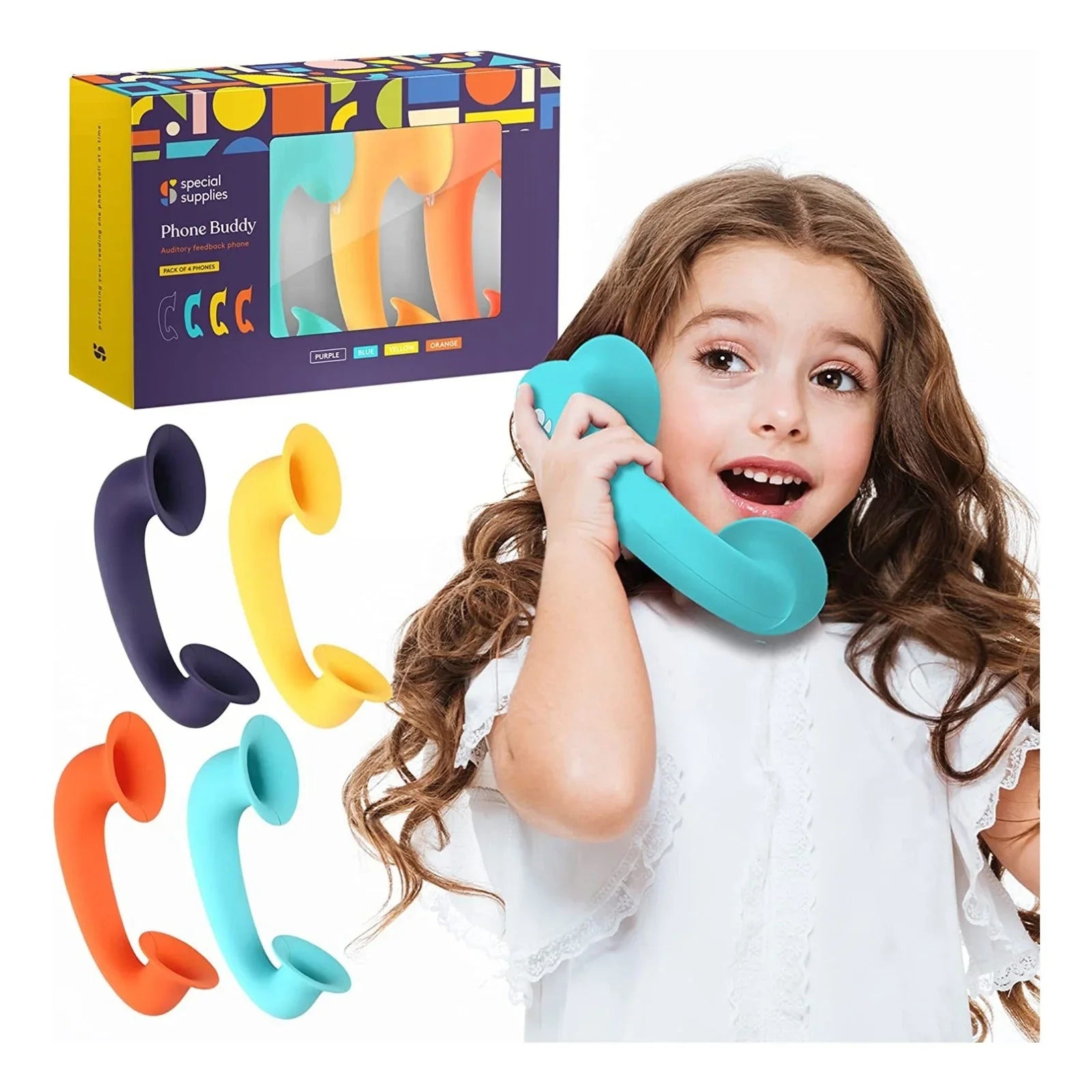 Child using colorful sensory auditory feedback phone tools, packaging and four phone buddies shown.