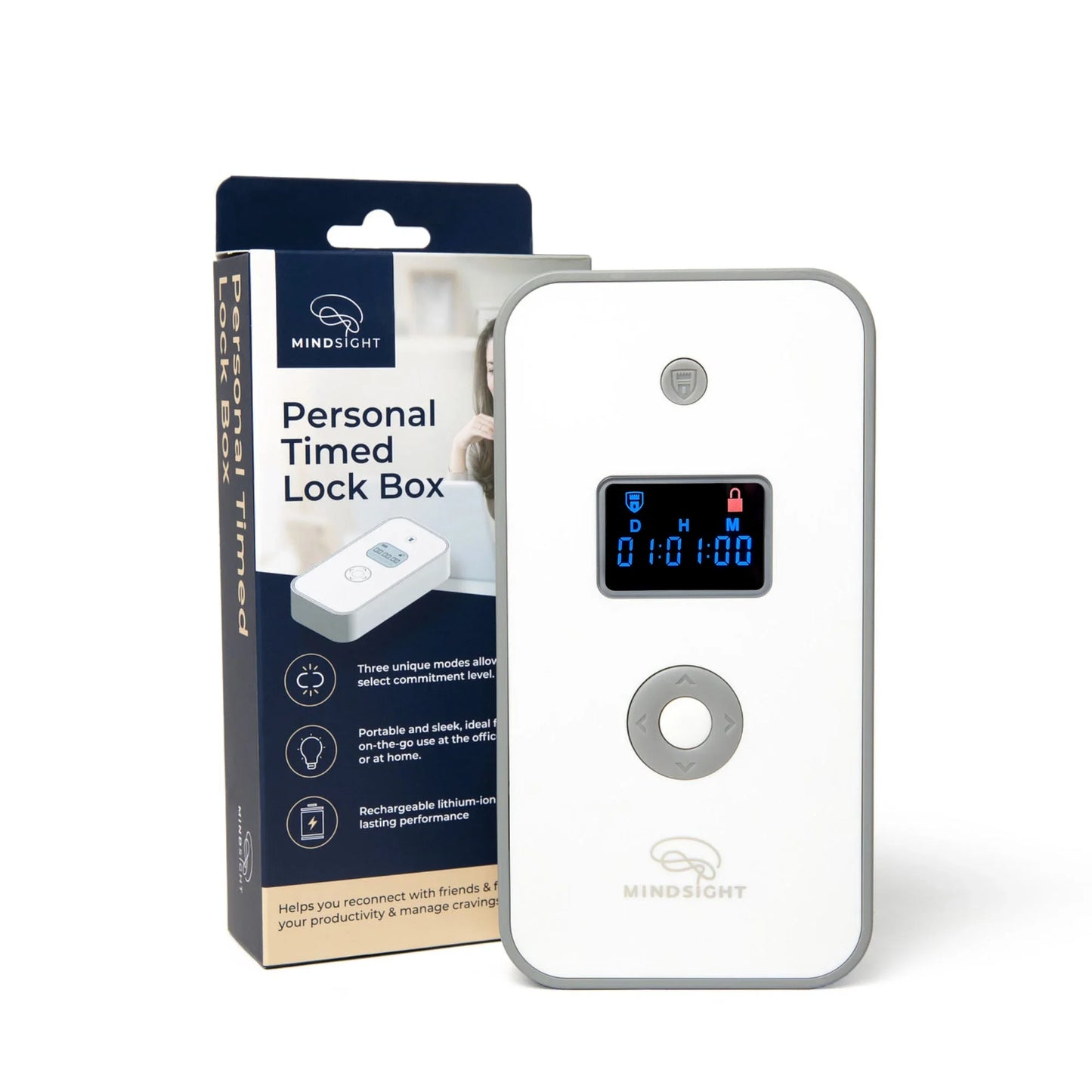 Personal timed lock box with digital timer display, shown with packaging, for secure item storage.