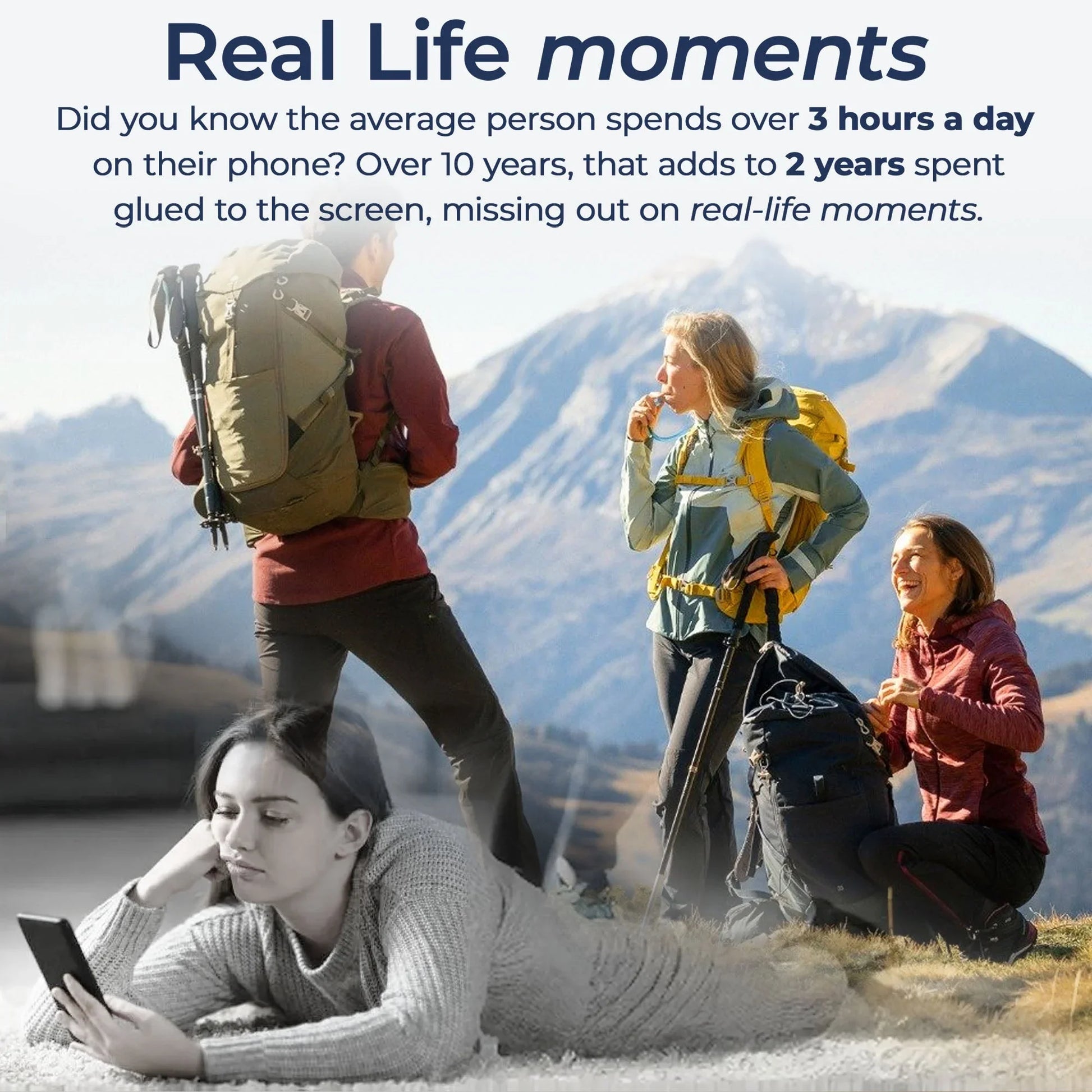 Woman using smartphone indoors overlaid on group hiking in mountains, highlighting nature time vs screen time.