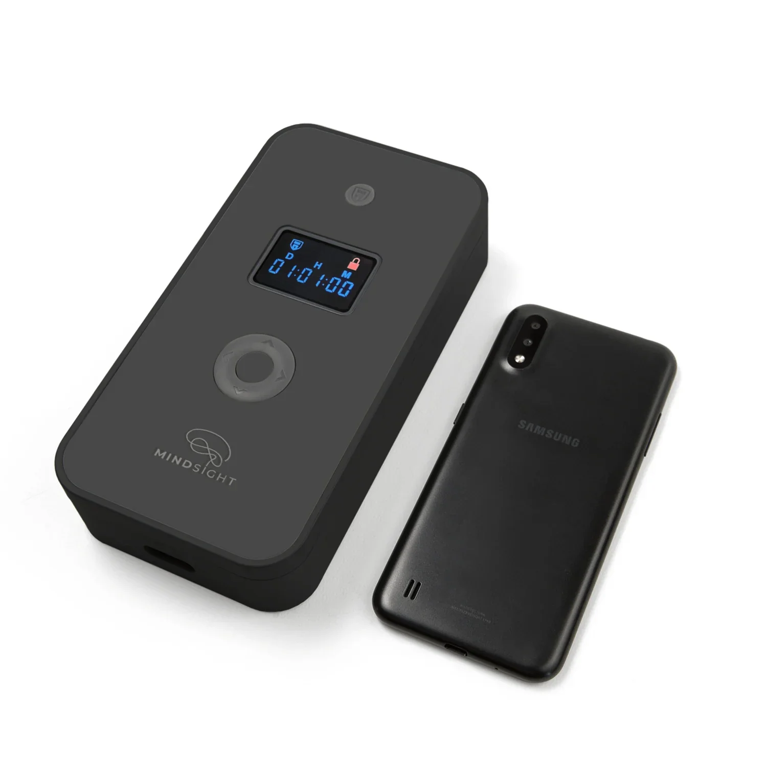 Charcoal gray electronic timer lock box with display, next to a black Samsung smartphone