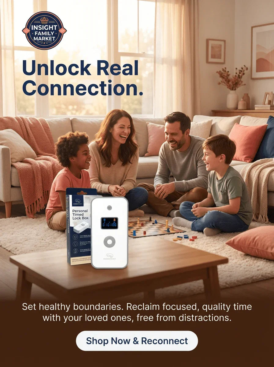 Happy family playing board game in living room with personal timed lock box product displayed.