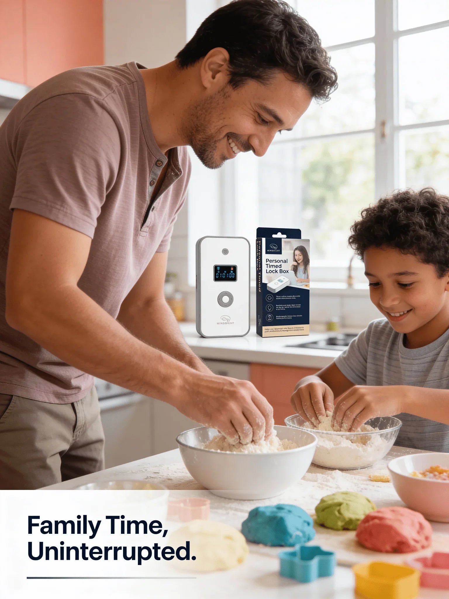 Smiling father and child baking with sensory dough in kitchen, Personal Timed Lock Box product shown, promoting focused family time.