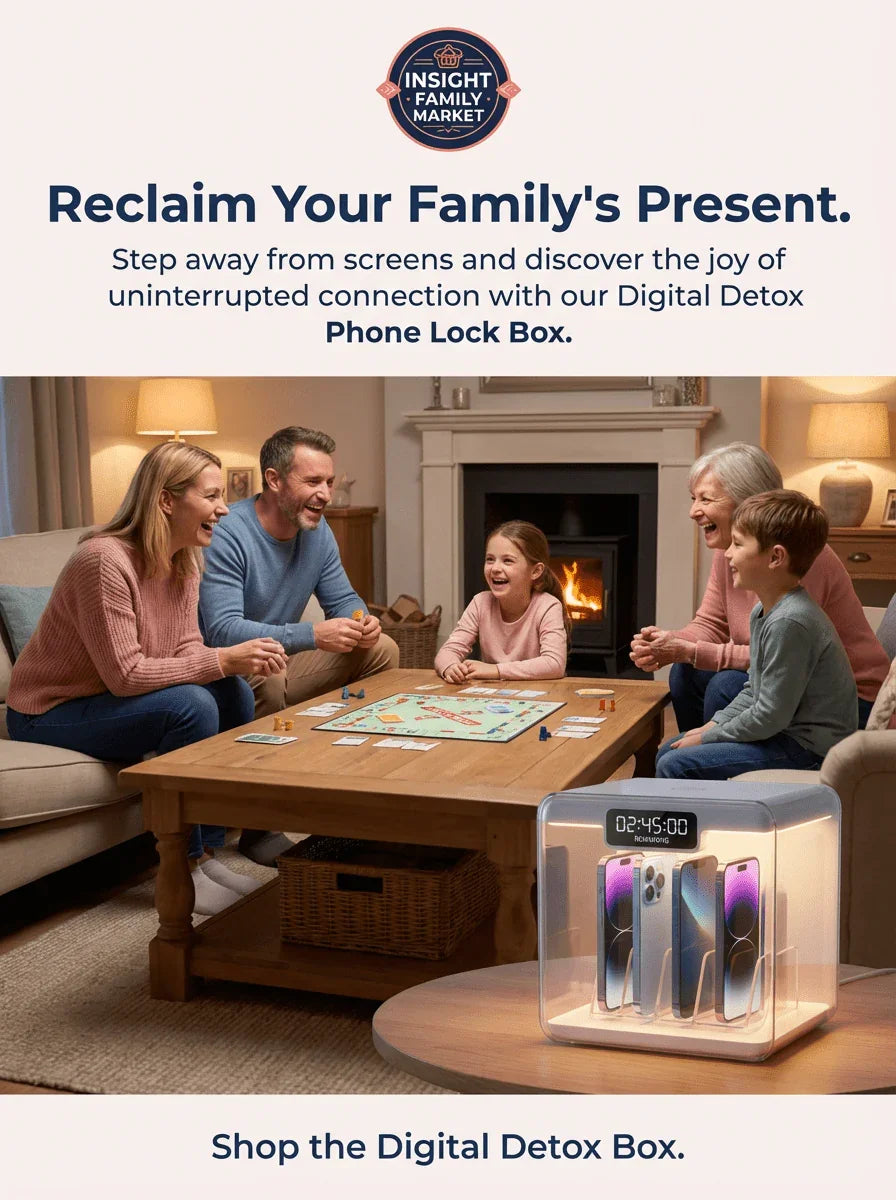 Family playing board game together while phones are secured in a digital detox lock box