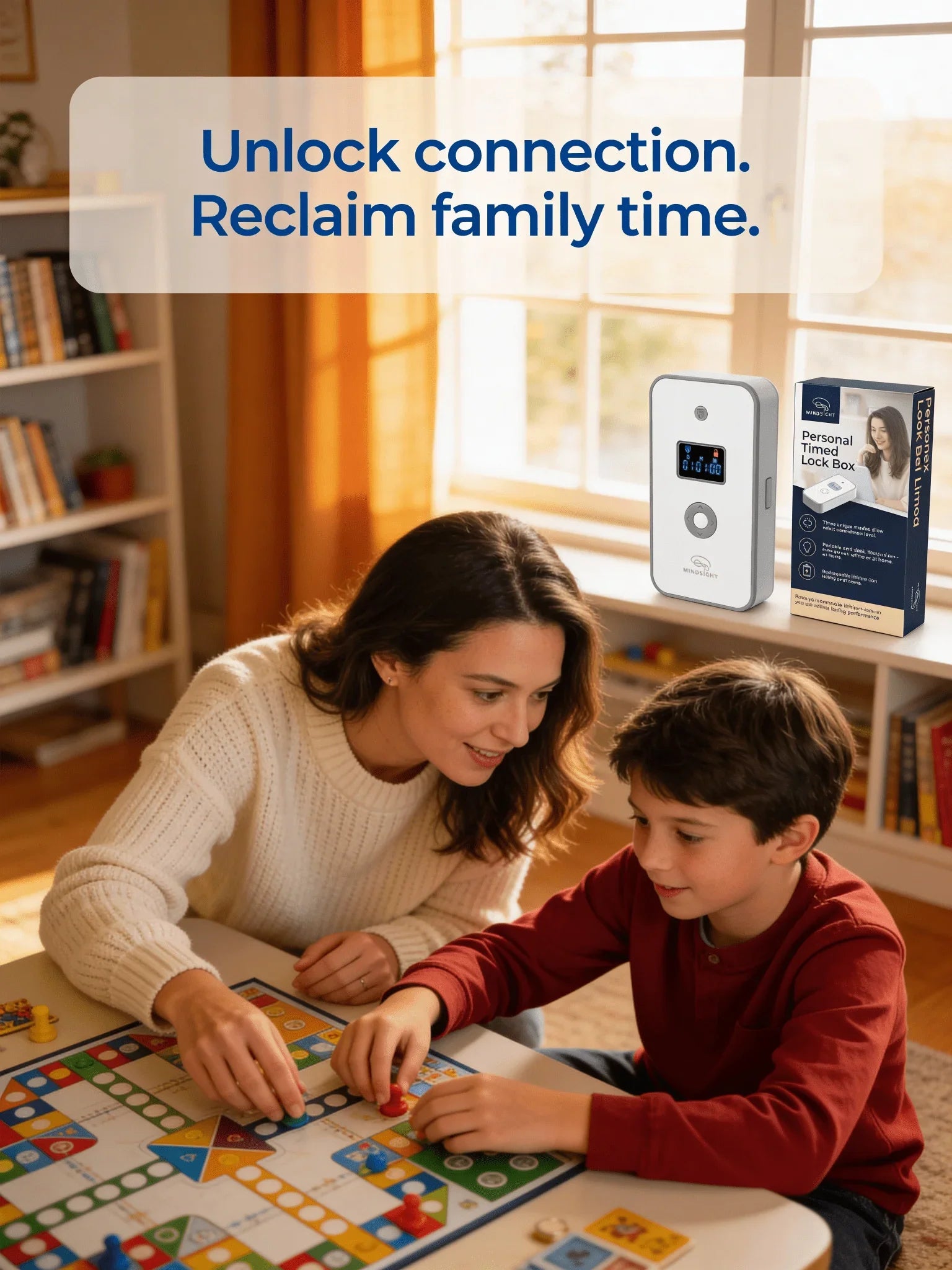 Mother and child playing board game in cozy living room, Personal Timed Lock Box device shown