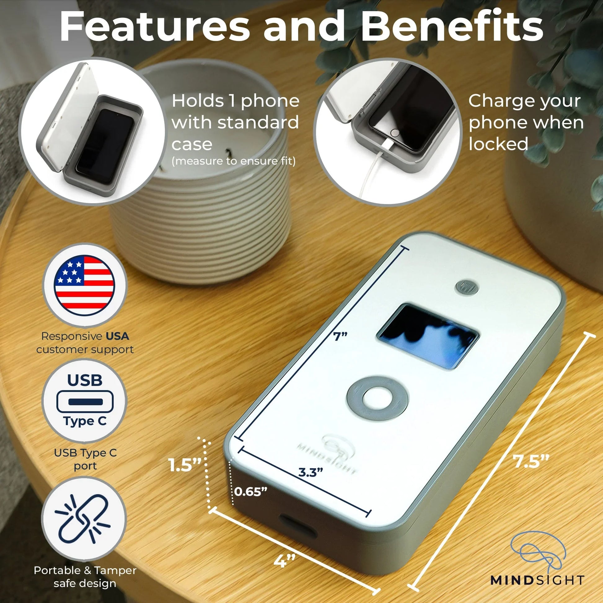 Personal timed lock box for phone, USB-C charging, portable and tamper-safe design on table