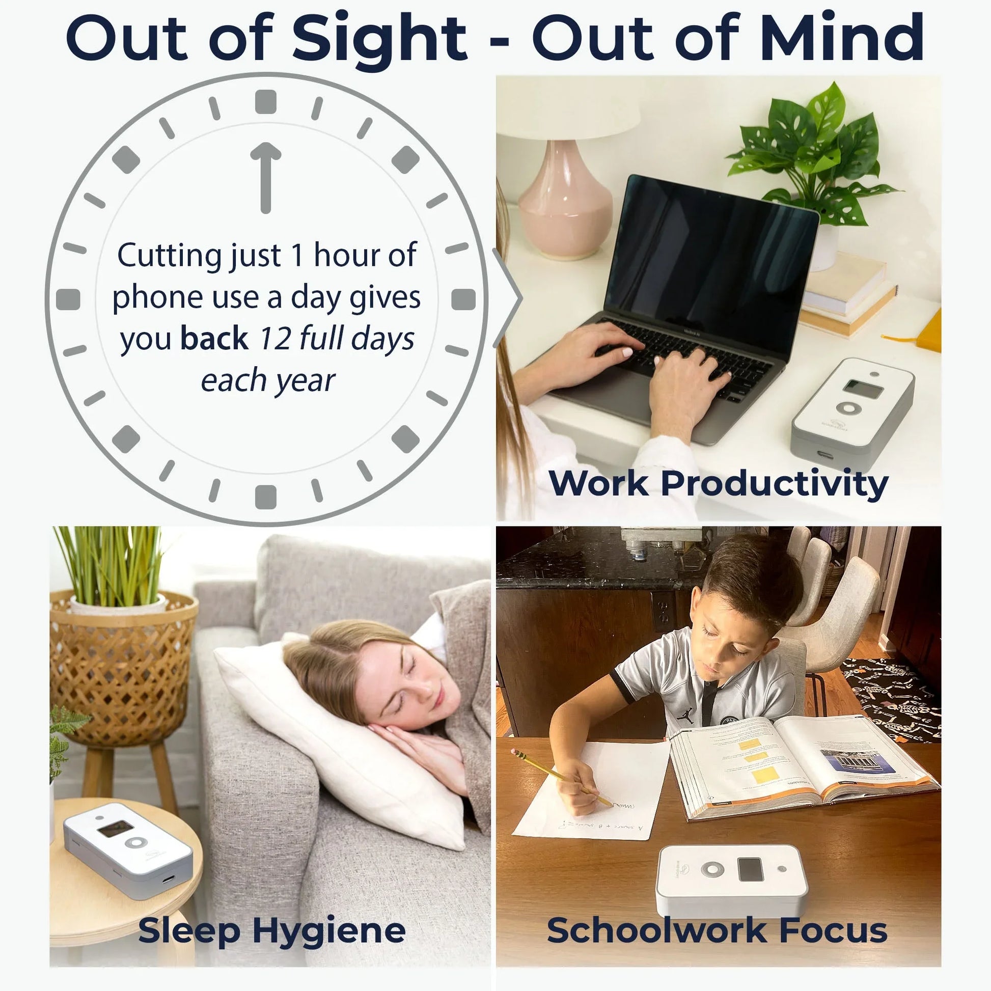 Personal timed lock box for reducing phone use, shown for work productivity, sleep hygiene, and schoolwork focus.