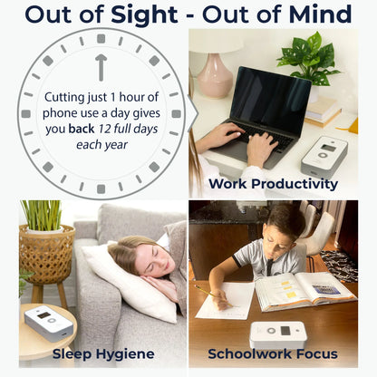 Personal timed lock box for reducing phone use, shown for work productivity, sleep hygiene, and schoolwork focus.