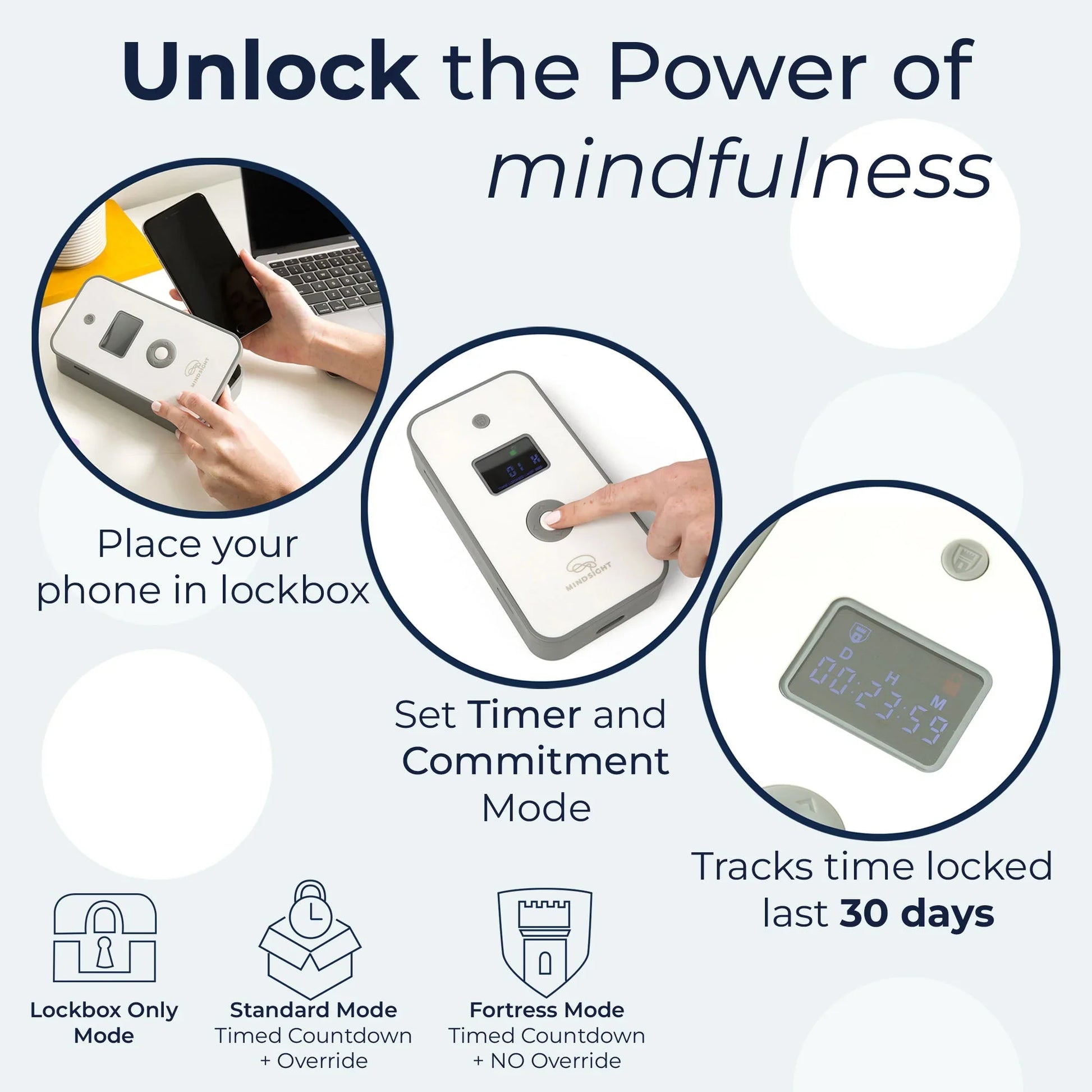 Personal timed lock box for phone, showing timer settings and digital display for screen time control