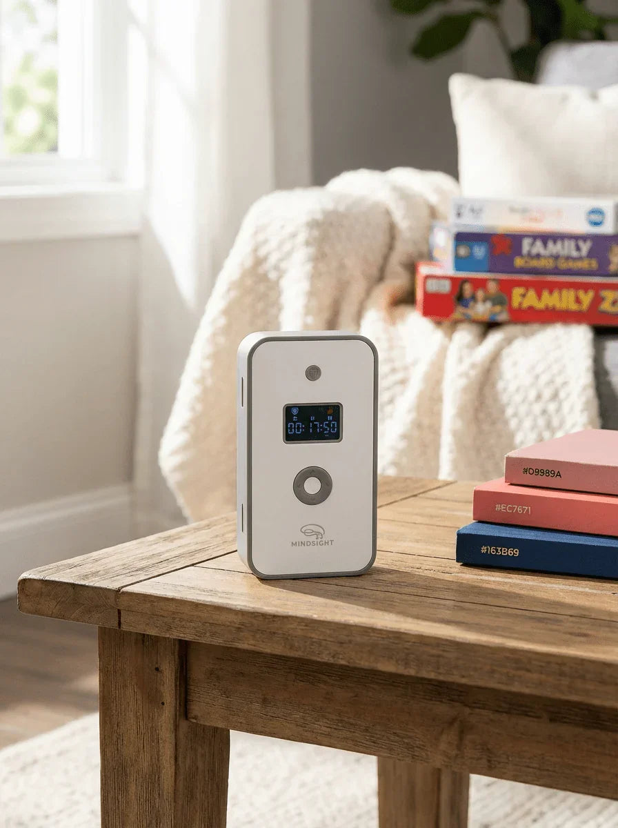 White Mindsight device for focus and sensory support on table in cozy living room setting