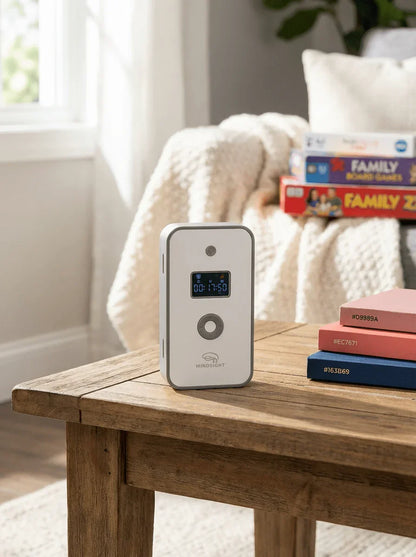 White Mindsight device for focus and sensory support on table in cozy living room setting